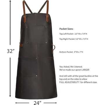 Theodore Top Grain Brown Leather Apron - 32.5” H x 24.5” W - Adjustable Crossback Leather Straps - Aprons for Men With 2 Large Pockets and Towel Strap
