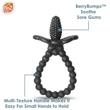 RaZbaby Silicone Baby Teether, BerryBumps Textured Silicone Soothes Babies’ Sore Gums, Infant Front and Back Teething Relief Toy, BPA Free, Easy-to-Hold, RaZberry Plus Fruit Shape, 3M+ – Black