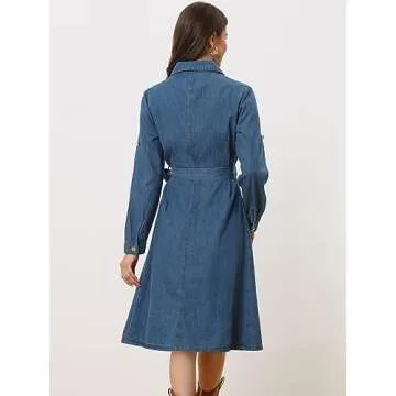 Allegra K Denim Dress for Women's Long Sleeve Button Down A-Line Belted Classic Jean Dresses Large Blue