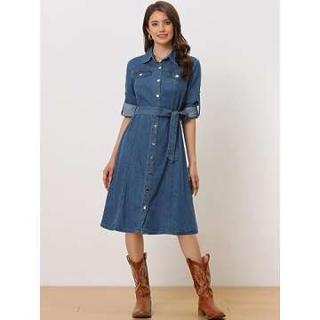Allegra K Denim Dress for Women's Long Sleeve Button Down A-Line Belted Classic Jean Dresses Large Blue