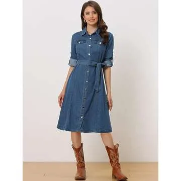 Allegra K Denim Dress for Women's Long Sleeve Button Down A-Line Belted Classic Jean Dresses Large Blue