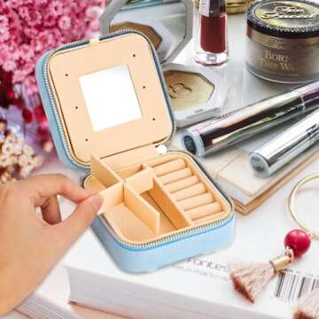 Smileshe Travel Jewelry Box with Mirror, Velvet Mini Case for Women Girls, Small Portable Gifts Organizer Boxes for Rings, Earrings, Necklaces, Bracelets