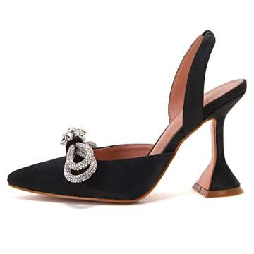 VETASTE Women's Pumps Pointed Toe Double Bow Crystal Slip On Satin Triangle Heeled Party Bride Wedding Dress Shoes Black