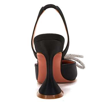 VETASTE Women's Pumps Pointed Toe Double Bow Crystal Slip On Satin Triangle Heeled Party Bride Wedding Dress Shoes Black