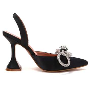 VETASTE Women's Pumps Pointed Toe Double Bow Crystal Slip On Satin Triangle Heeled Party Bride Wedding Dress Shoes Black