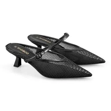 SHOBOO Women's Pointed Toe Kitten Heels Mesh Dress Sandals Slip On Pump Shoes with Strap for Casual Party Office Black