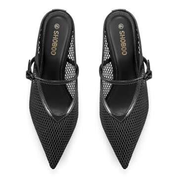 SHOBOO Women's Pointed Toe Kitten Heels Mesh Dress Sandals Slip On Pump Shoes with Strap for Casual Party Office Black