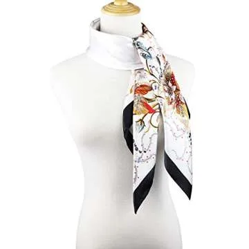 vabovin Large Square Satin Silk Like Lightweight Scarf Hair Sleeping Wraps for Women (White Floral Pattern)