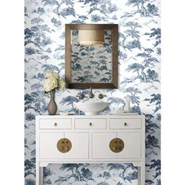 RoomMates RMK11754RL Blue and White Oriental Toile Peel and Stick Wallpaper