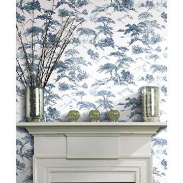 RoomMates RMK11754RL Blue and White Oriental Toile Peel and Stick Wallpaper