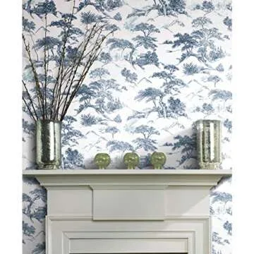 RoomMates RMK11754RL Blue and White Oriental Toile Peel and Stick Wallpaper