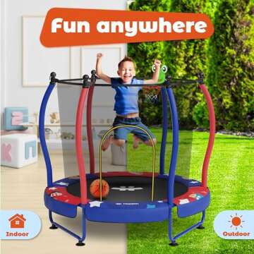 Happin® 55” Toddler Trampoline Indoor & Outdoor Playset Ages 1-6, 5FT Kids Trampoline, Ultra Safe Mini Trampoline for Kids with Safety Enclosure Net, Gifts for Birthday with Basketball Hoop