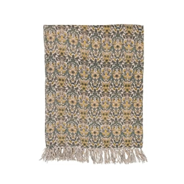 Floral Cotton Slub Throw Blanket with Fringe Green Yellow Twin