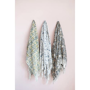 Floral Cotton Slub Throw Blanket with Fringe Green Yellow Twin