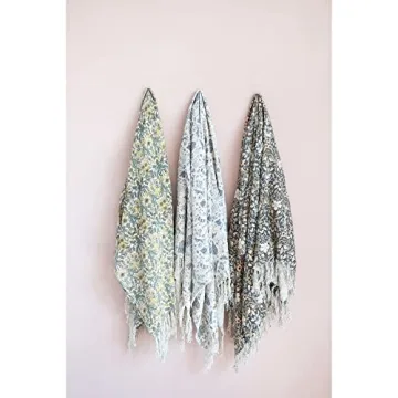 Floral Cotton Slub Throw Blanket with Fringe Green Yellow Twin