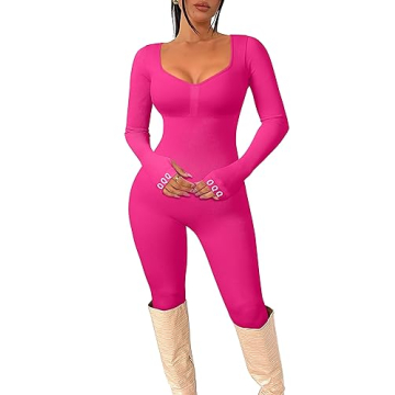 OQQ Women’s Yoga Jumpsuits - Ribbed Long Sleeve, Padded Bra