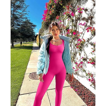 OQQ Women’s Yoga Jumpsuits - Ribbed Long Sleeve, Padded Bra