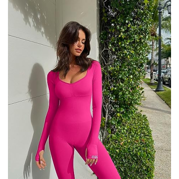 OQQ Women’s Yoga Jumpsuits - Ribbed Long Sleeve, Padded Bra