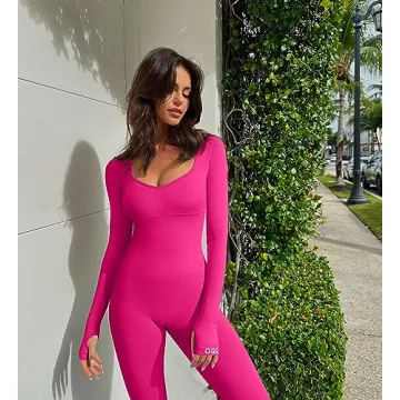 OQQ Women’s Yoga Jumpsuits - Ribbed Long Sleeve, Padded Bra