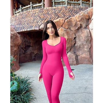 OQQ Women’s Yoga Jumpsuits - Ribbed Long Sleeve, Padded Bra