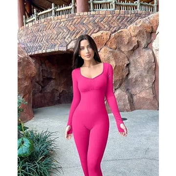 OQQ Women’s Yoga Jumpsuits - Ribbed Long Sleeve, Padded Bra