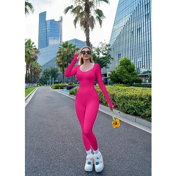 OQQ Women’s Yoga Jumpsuits - Ribbed Long Sleeve, Padded Bra