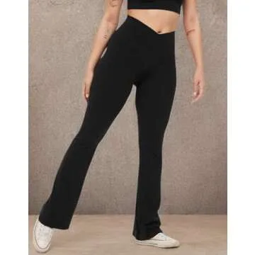 Women's Cross Waist Yoga Bootcut Pants High Waist Tummy Control Workout Bootleg Leggings Wide Leg Work Pants Black
