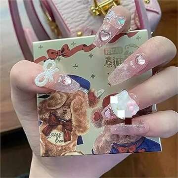 Nail Apparel Y2K Long Coffin Cute Kawaii Press on Nails 3D Cartoon Hot Pink Rabbite Black Pink Daisy...