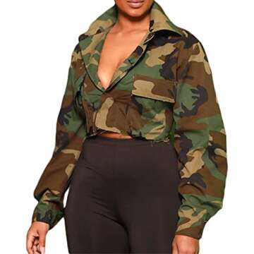 Voghtic Camo Coat for Women Lapel Neck Button Down Cropped Jackets with Cargo Pockets