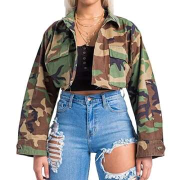 Voghtic Camo Coat for Women Lapel Neck Button Down Cropped Jackets with Cargo Pockets