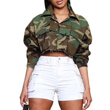 Voghtic Camo Coat for Women Lapel Neck Button Down Cropped Jackets with Cargo Pockets