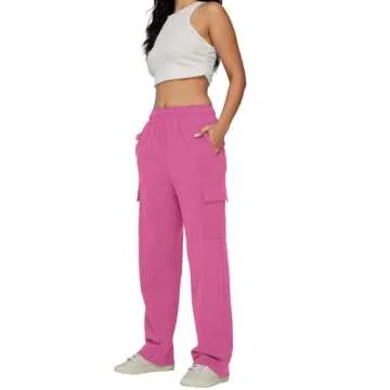 AUTOMET Womens Cargo Sweatpants Baggy Fleece High Waisted Joggers Sweat Pants Athletic Drawstring Casual Wide Leg Loose Fit Fall Pants with Pockets 2025 HotPink L