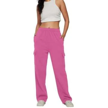 AUTOMET Womens Cargo Sweatpants Baggy Fleece High Waisted Joggers Sweat Pants Athletic Drawstring Casual Wide Leg Loose Fit Fall Pants with Pockets 2025 HotPink L