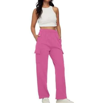AUTOMET Womens Cargo Sweatpants Baggy Fleece High Waisted Joggers Sweat Pants Athletic Drawstring Casual Wide Leg Loose Fit Fall Pants with Pockets 2025 HotPink L