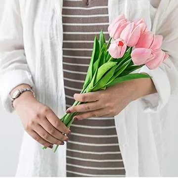 HoveBeaty Artificial Tulips Bridal Wedding Festival Decor Bouquet Real Touch PU Flower Bouquet Pack of 20 (Rose Red)