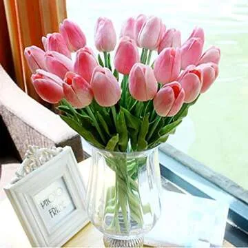 HoveBeaty Artificial Tulips Bridal Wedding Festival Decor Bouquet Real Touch PU Flower Bouquet Pack of 20 (Rose Red)