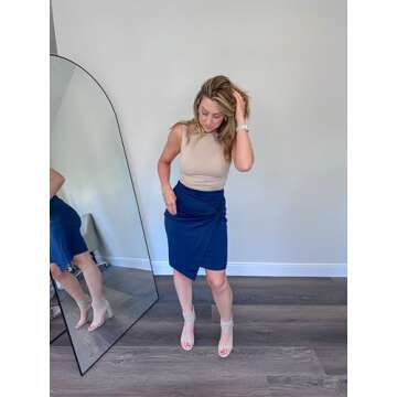 SLOWCOLIN Knee Length Pencil Skirts for Women High Waist Bodycon Midi Work Skirt Elastic Waist Wrap Front Navy Blue