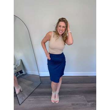 SLOWCOLIN Knee Length Pencil Skirts for Women High Waist Bodycon Midi Work Skirt Elastic Waist Wrap Front Navy Blue