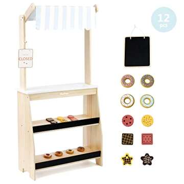PairPear Grocery Store Pretend Play, Wooden Toys Lemonade Stand for Kids, Natural Style Market Stand Play Food Sets.