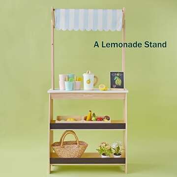 PairPear Grocery Store Pretend Play, Wooden Toys Lemonade Stand for Kids, Natural Style Market Stand Play Food Sets.