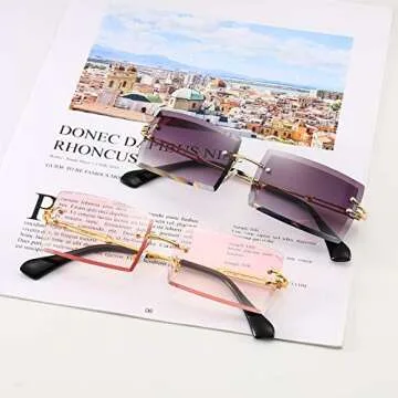 Dollger Rimless Rectangle Sunglasses for Women Fashion Frameless Square Glasses for Men Ultralight UV400 Eyewear Unisex Pink