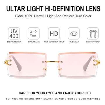 Dollger Rimless Rectangle Sunglasses for Women Fashion Frameless Square Glasses for Men Ultralight UV400 Eyewear Unisex Pink