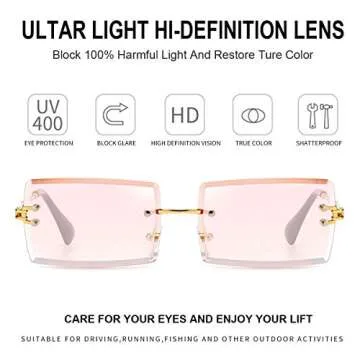 Dollger Rimless Rectangle Sunglasses for Women Fashion Frameless Square Glasses for Men Ultralight UV400 Eyewear Unisex Pink