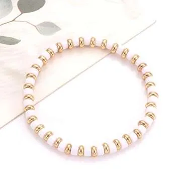 NVENF Gold Bead Bracelets Colorful Tile Bracelet Bangles for Women Stackable Brass Ball Beaded Stretch Bracelets Elasticated White Enamel Bracelets Anniversary Bridal Gift (White)