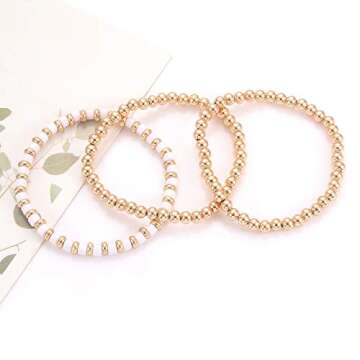 NVENF Gold Bead Bracelets Colorful Tile Bracelet Bangles for Women Stackable Brass Ball Beaded Stretch Bracelets Elasticated White Enamel Bracelets Anniversary Bridal Gift (White)