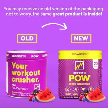 EBOOST POW Natural Pre Workout Powder - 20 Servings - Berry Melon Fizz - Pre Workout Supplement for ...