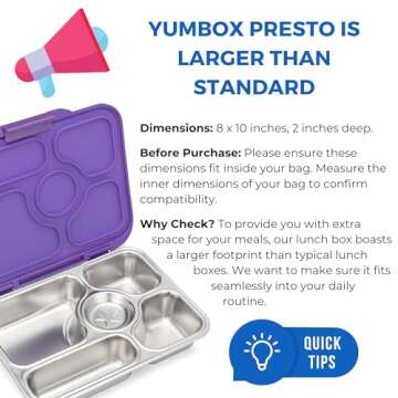 Yumbox® Presto Leakproof Stainless Steel Bento Box (Remy Purple), 4 compartments plus treat well, Lightweight, Premium Durable Materials, Silicone seal, Stainless Steel Tray, Easy open Latch