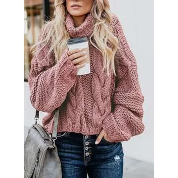 Dokotoo Womens Winter Fall Oversized Turtleneck High Neck Long Sleeve Cable Knit Chunky Sweaters Pullover Outerwear Pink L