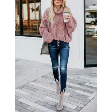Dokotoo Womens Winter Fall Oversized Turtleneck High Neck Long Sleeve Cable Knit Chunky Sweaters Pullover Outerwear Pink L