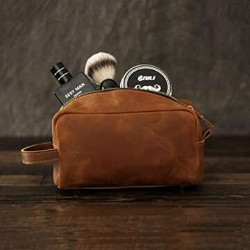 Toiletry Bag for Men or Women,Full Grain Leather Handcrafted Vintage Travel Dopp Kit,Leather Toiletrytravel Pouch,Large Cosmetic and Bathroom Travel Shaving Bag，Fully Lined with Cotton Fabric